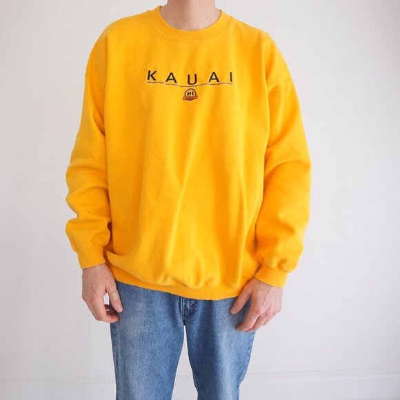 VTG '90S Kauai Hawaii Embroidered Travel Yellow Pre-Shrunk Crewneck Sweater XXL - Picture 1 of 10
